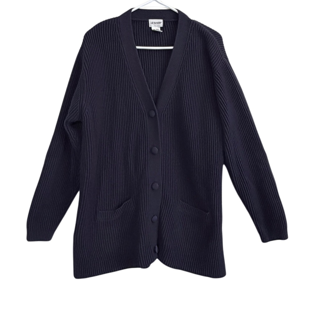 Liz Baker XL Navy Textured Knit Cardigan Sweater Button Front Pockets